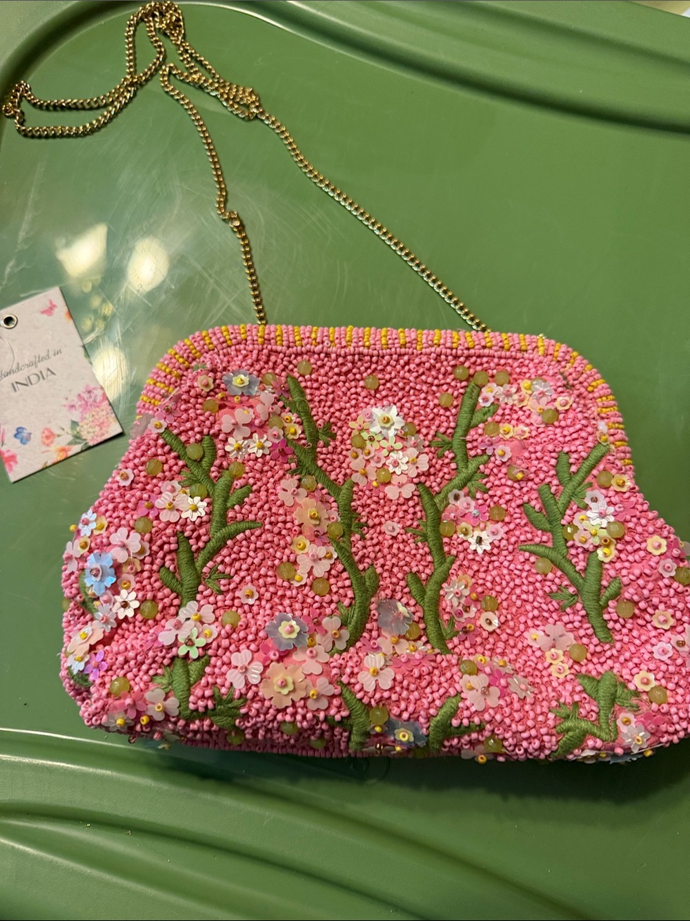 Hand Crafted Pink Beaded Floral Clutch with Gold Chain